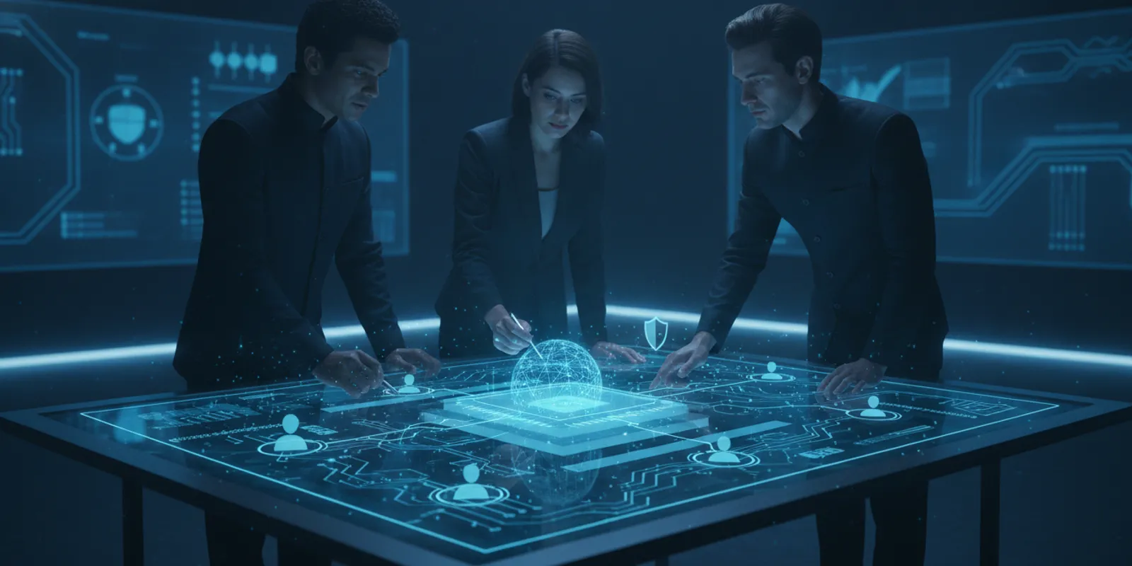 Cloud security architect reviewing identity, workload, and network controls on a digital cloud infrastructure display