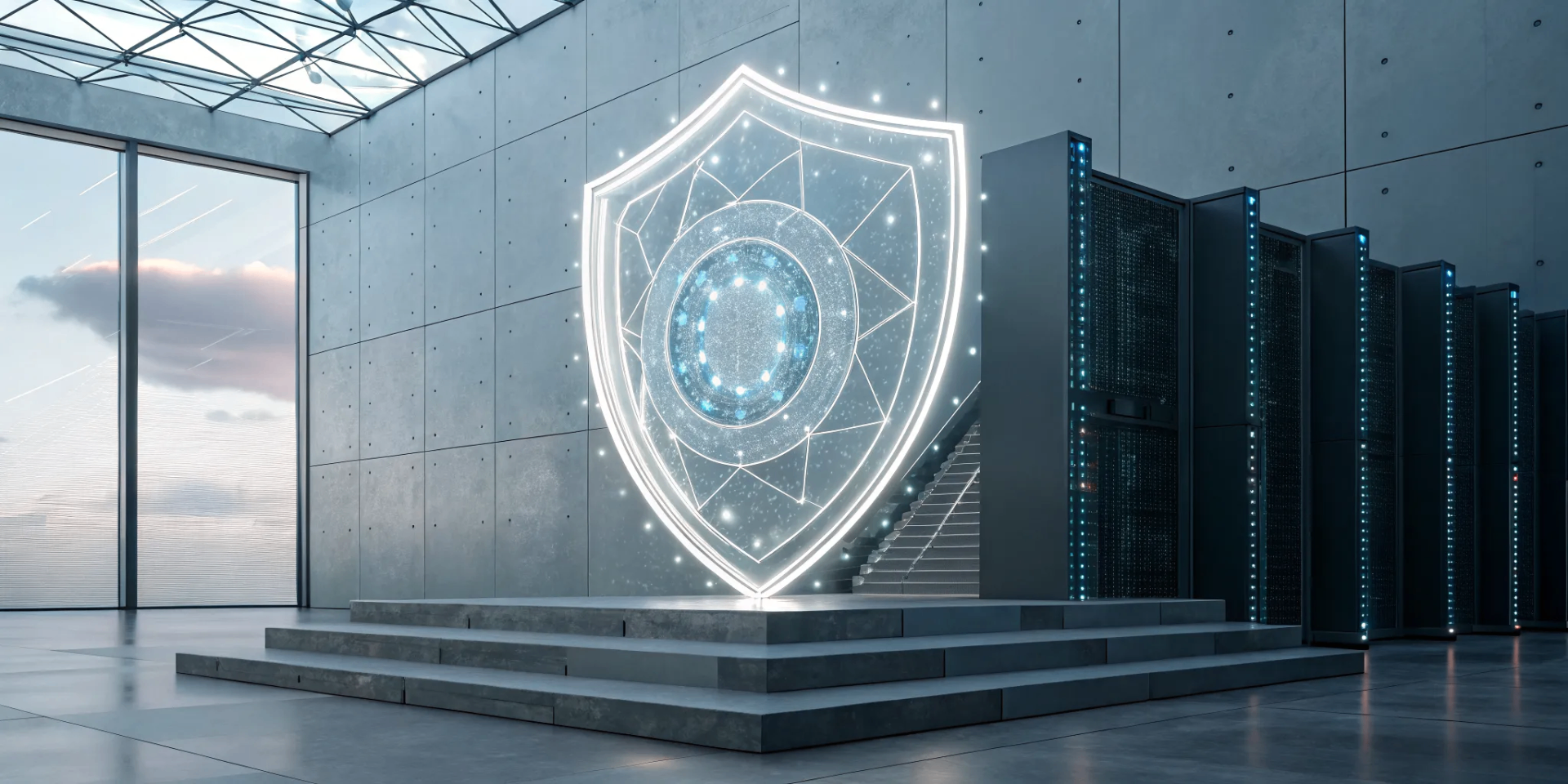A digital shield protecting server racks as part of a secure AI architecture.
