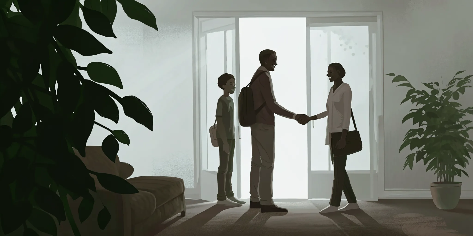 A new host family welcomes a foreign student into their home with a handshake.