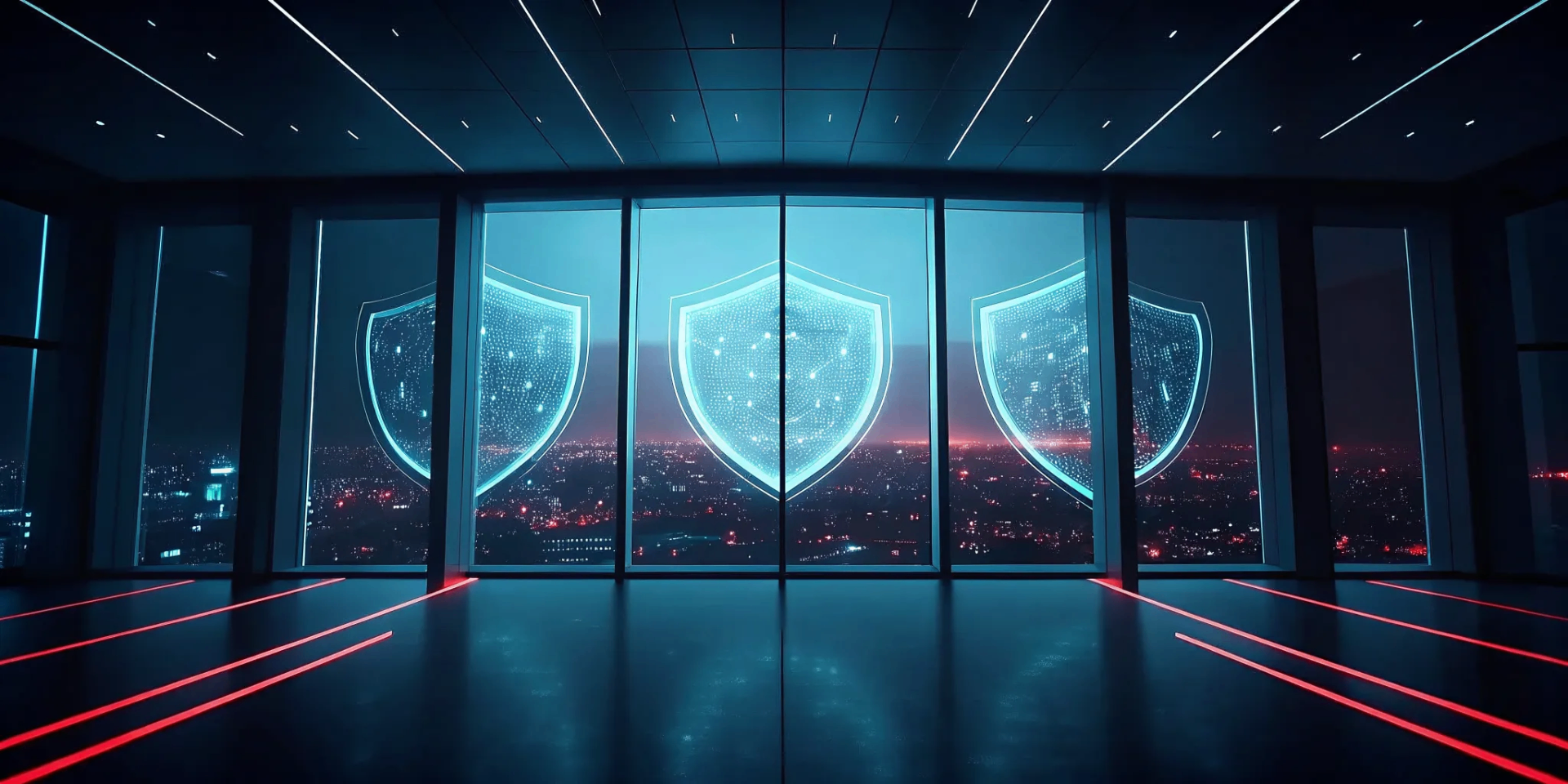 Glowing digital shields from top cyber security companies protecting a network.