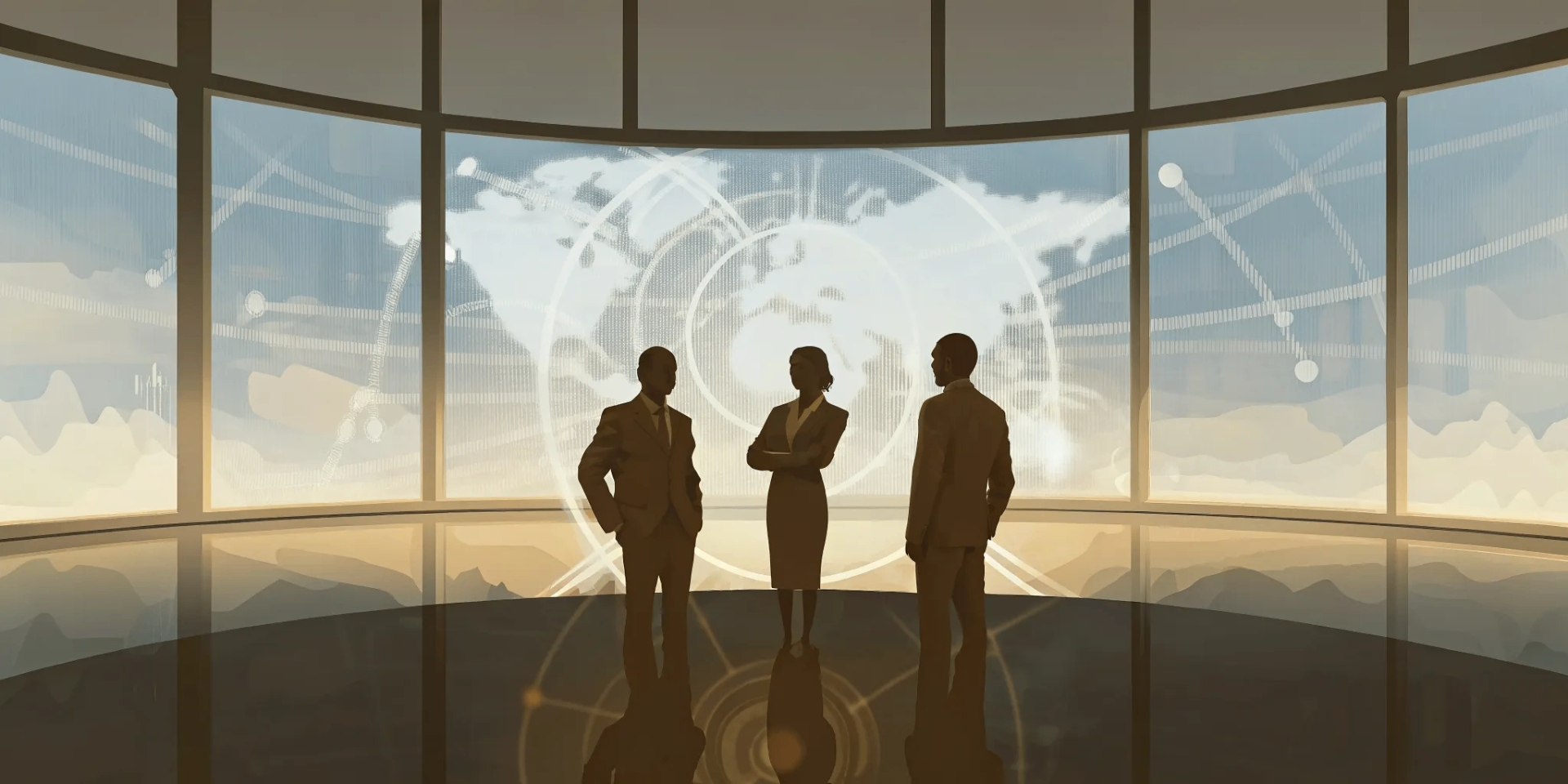 Professionals discussing cyber security solutions and services with a digital world map.
