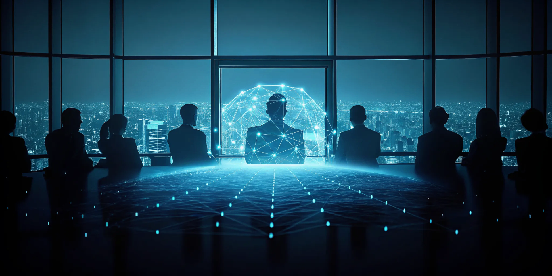 Leaders in a boardroom discussing MDR security strategy while viewing network threat data.
