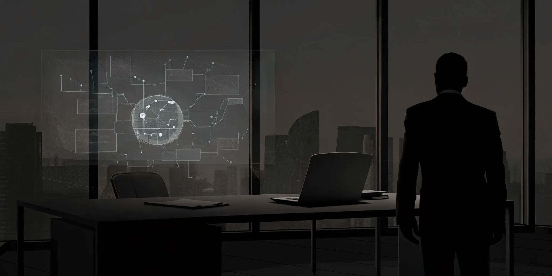 Security analyst reviewing digital threat data on a transparent display in a modern office.