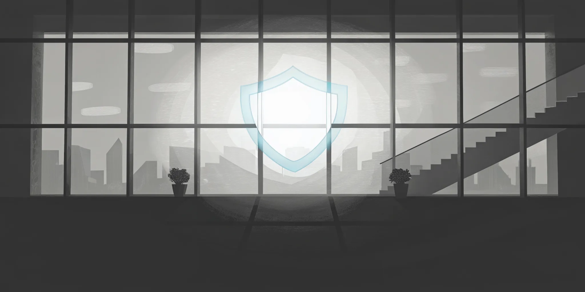 A shield in a modern office window highlights the strategic security benefit for business resilience.