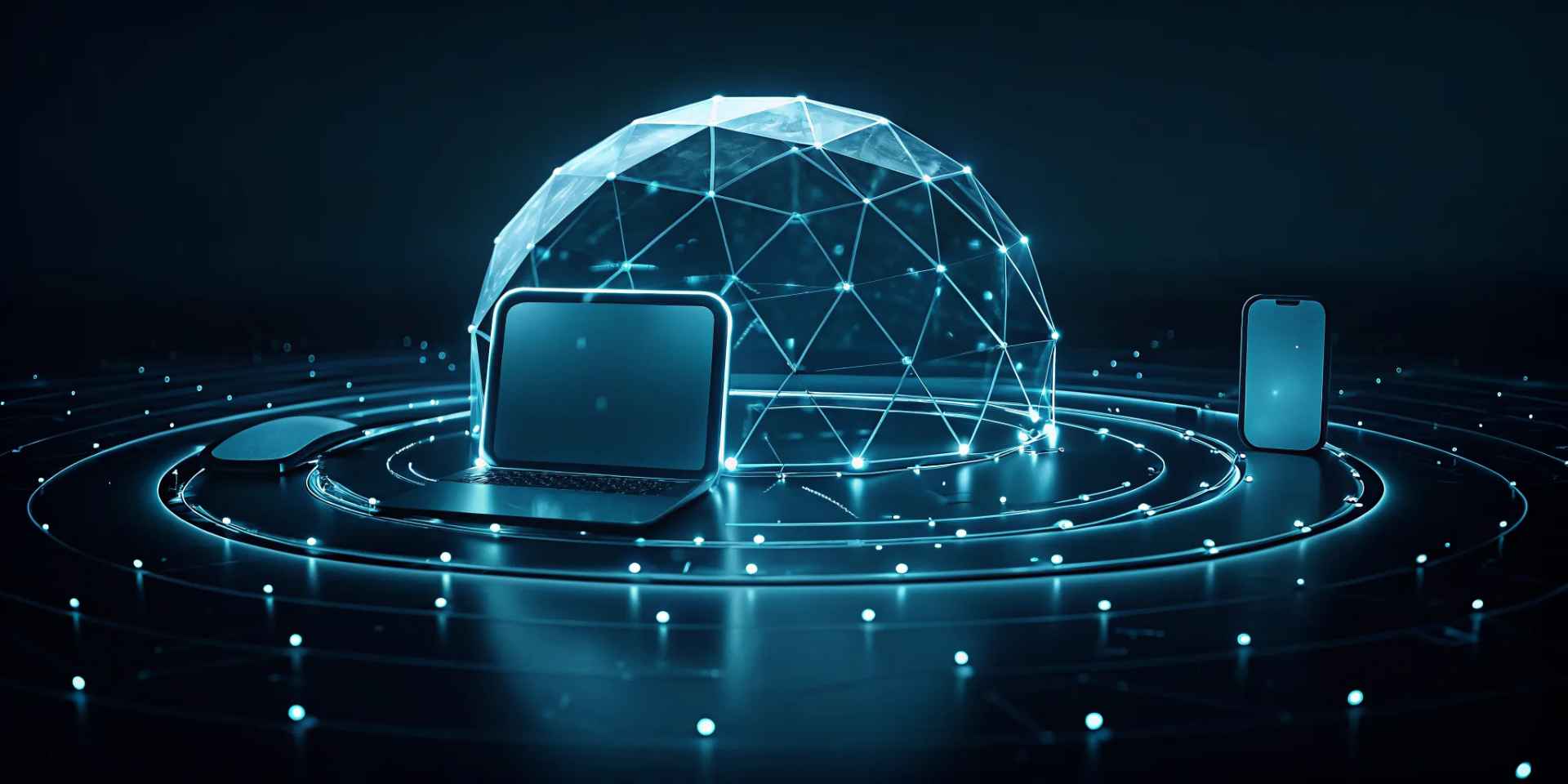A digital shield enforcing zero trust security principles on a laptop and smartphone.